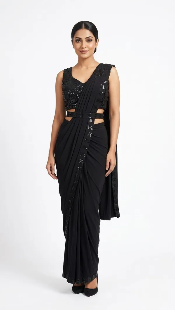Oojal_Embellished_Solid_Plain_Striped_Pre_Draped_Saree_Lycra_Saree_Black