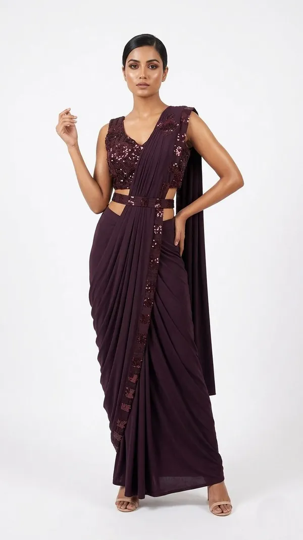 Oojal_Embellished_Solid_Plain_Striped_Pre_Draped_Saree_Lycra_Saree_Maroon