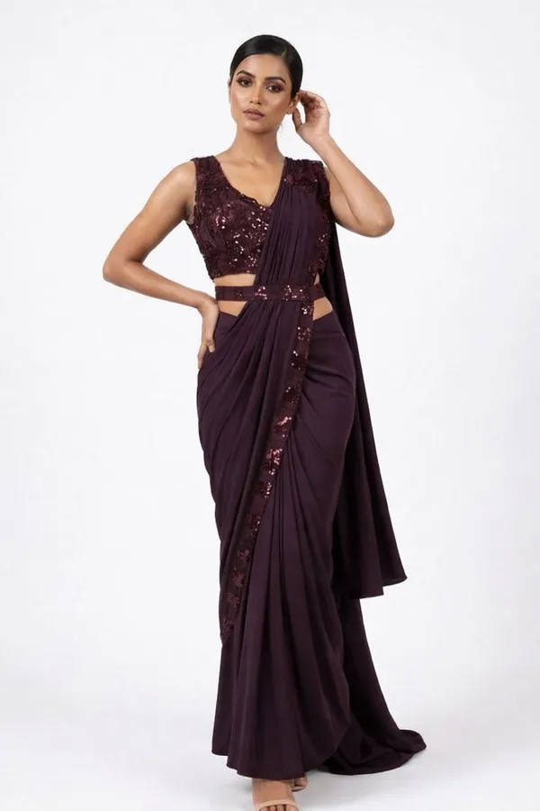 Oojal_Embellished_Solid_Plain_Striped_Pre_Draped_Saree_Lycra_Saree_Maroon