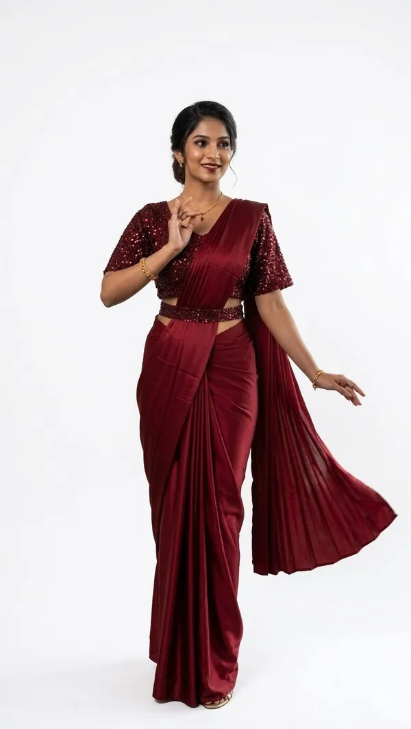 Oojal_Solid_Plain_Embellished_Pre_Draped_Saree_Lycra_Saree_Maroon