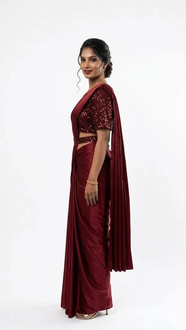 Oojal_Solid_Plain_Embellished_Pre_Draped_Saree_Lycra_Saree_Maroon
