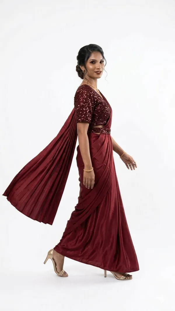 Oojal_Solid_Plain_Embellished_Pre_Draped_Saree_Lycra_Saree_Maroon