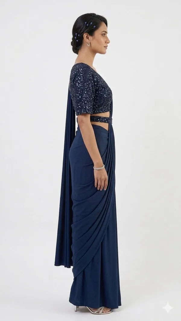 Oojal_Solid_Plain_Embellished_Pre_Draped_Saree_Lycra_Saree_Blue