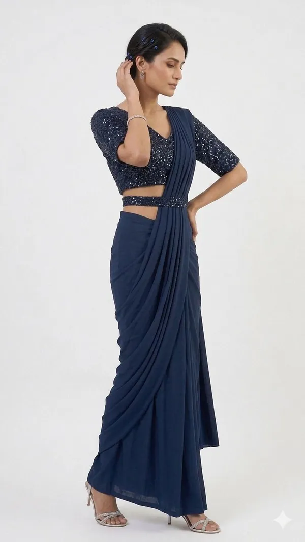 Oojal_Solid_Plain_Embellished_Pre_Draped_Saree_Lycra_Saree_Blue