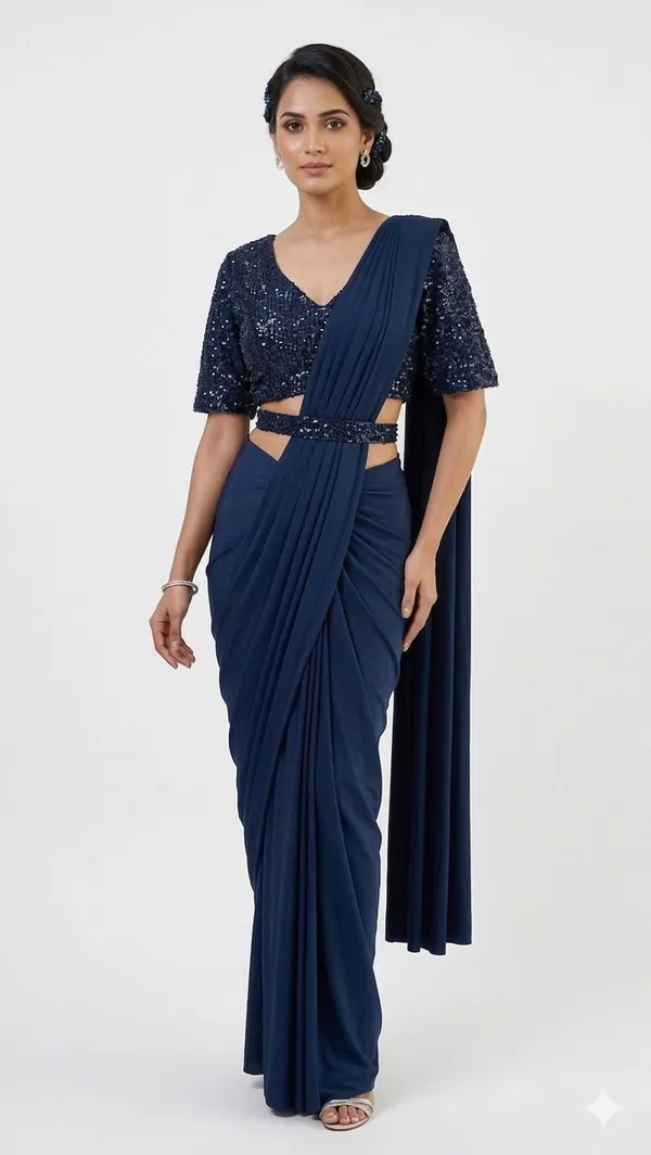 Oojal_Solid_Plain_Embellished_Pre_Draped_Saree_Lycra_Saree_Blue