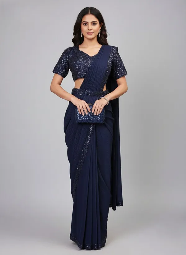 Oojal_Embroidered_Solid_Plain_Pre_Draped_Saree_Lycra_Saree_Dark_Blue