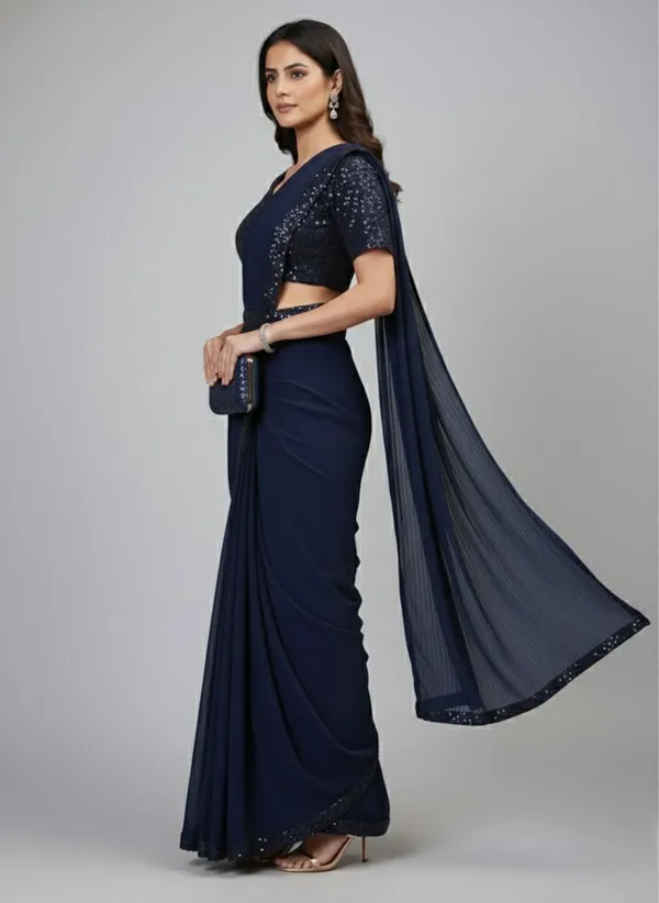 Oojal_Embroidered_Solid_Plain_Pre_Draped_Saree_Lycra_Saree_Dark_Blue