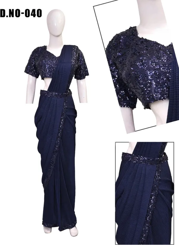 Oojal_Embroidered_Solid_Plain_Pre_Draped_Saree_Lycra_Saree_Dark_Blue