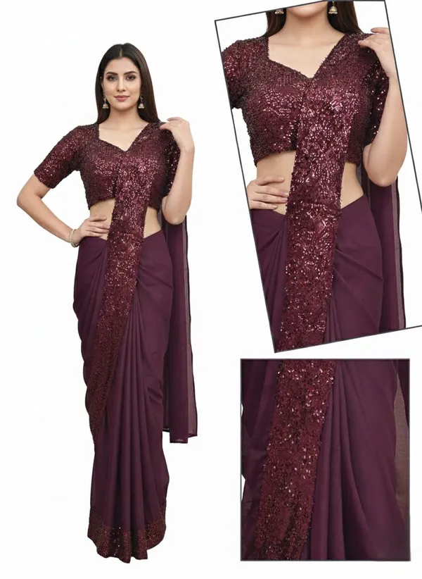 Oojal_Embroidered_Pre_Draped_Saree_Lycra_Saree_Maroon
