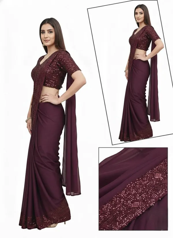 Oojal_Embroidered_Pre_Draped_Saree_Lycra_Saree_Maroon