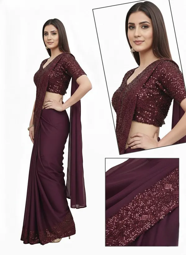 Oojal_Embroidered_Pre_Draped_Saree_Lycra_Saree_Maroon