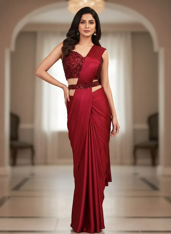 Oojal_Embroidered_Embellished_Pre_Draped_Saree_Lycra_Saree_Maroon