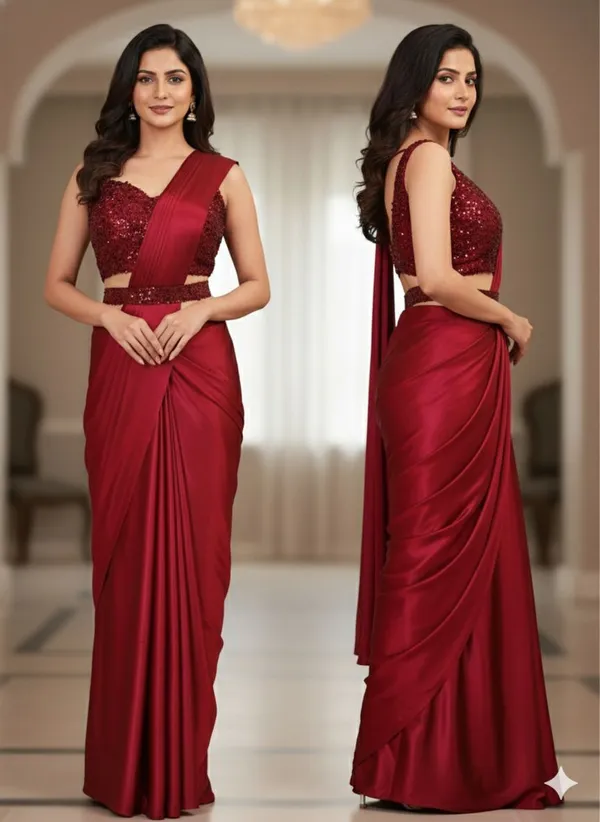 Oojal_Embroidered_Embellished_Pre_Draped_Saree_Lycra_Saree_Maroon