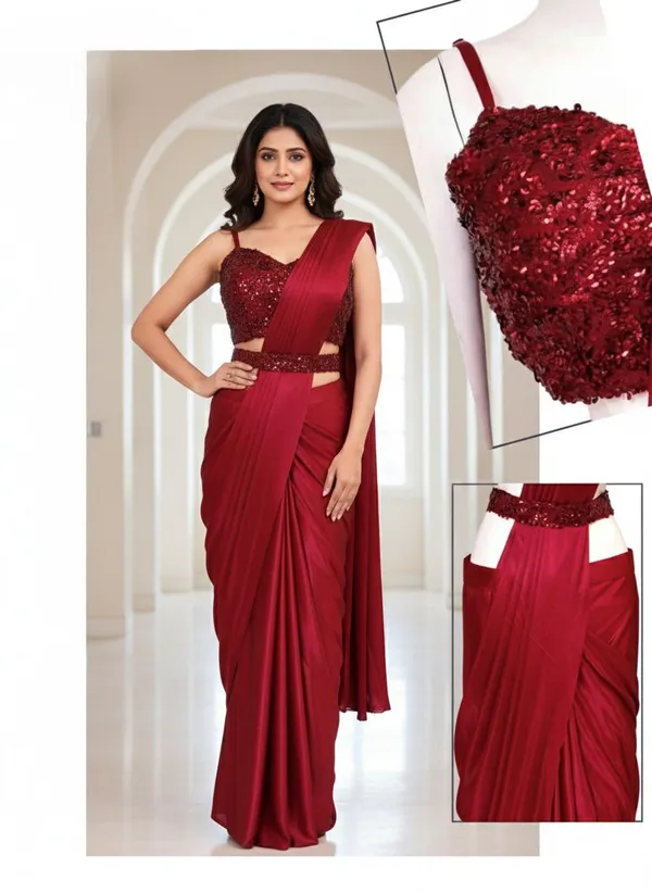 Oojal_Embroidered_Embellished_Pre_Draped_Saree_Lycra_Saree_Maroon