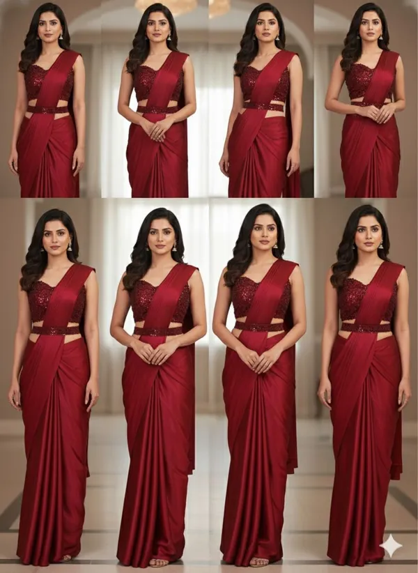 Oojal_Embroidered_Embellished_Pre_Draped_Saree_Lycra_Saree_Maroon