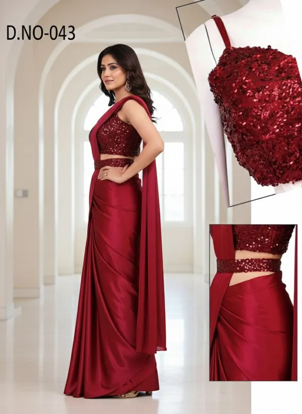 Oojal_Embroidered_Embellished_Pre_Draped_Saree_Lycra_Saree_Maroon