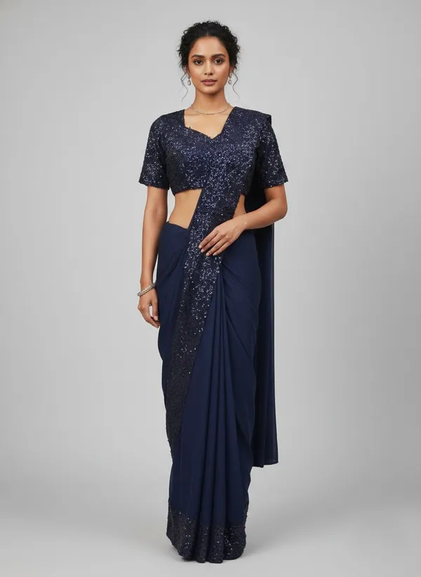 Oojal_Embellished_Self_Design_Pre_Draped_Saree_Georgette_Saree_Dark_Blue