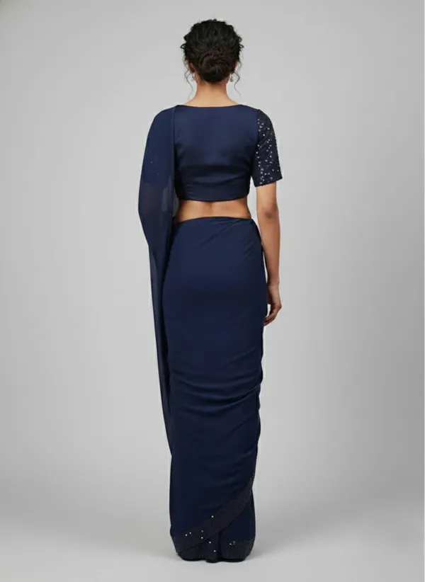 Oojal_Embellished_Self_Design_Pre_Draped_Saree_Georgette_Saree_Dark_Blue