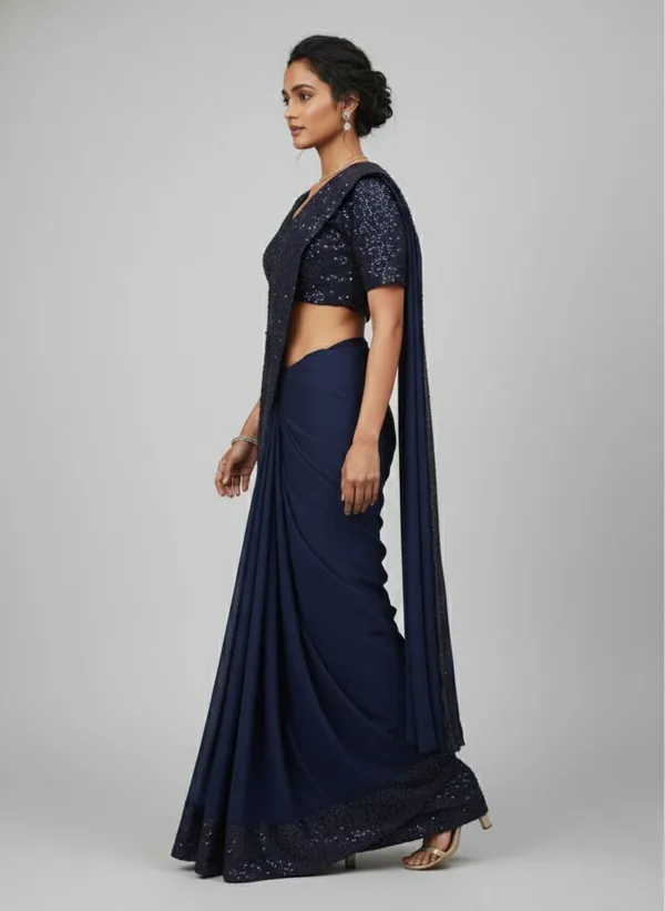 Oojal_Embellished_Self_Design_Pre_Draped_Saree_Georgette_Saree_Dark_Blue