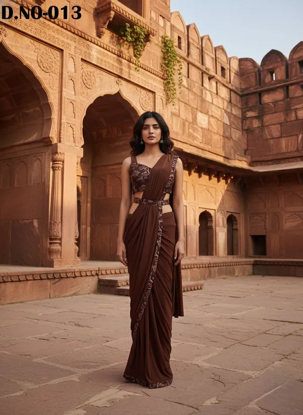 Oojal_Embellished_Pre_Draped_Saree_Lycra_Saree_Brown