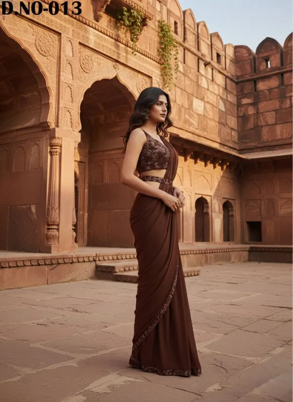 Oojal_Embellished_Pre_Draped_Saree_Lycra_Saree_Brown