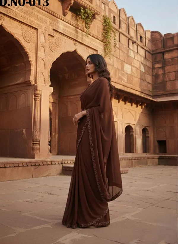 Oojal_Embellished_Pre_Draped_Saree_Lycra_Saree_Brown