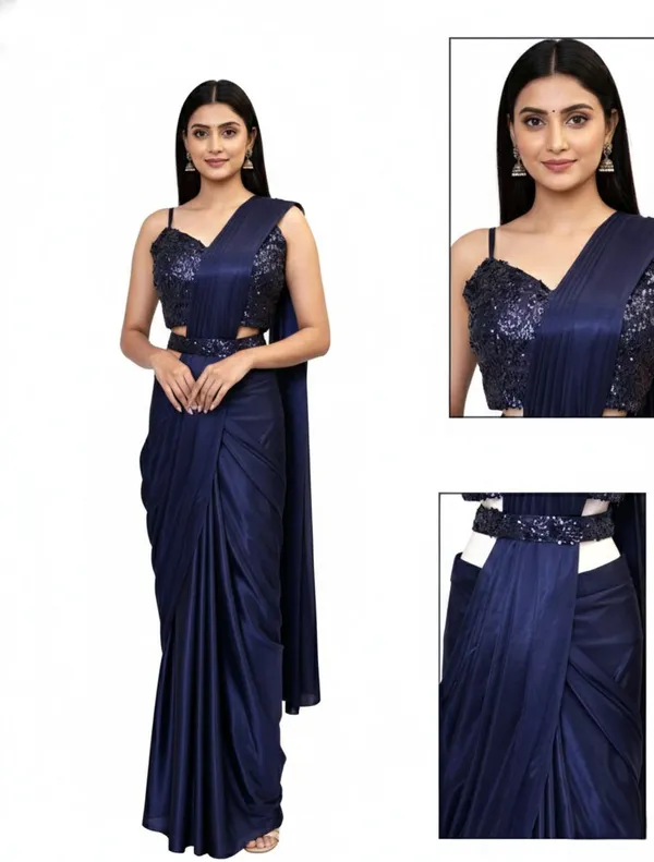 Oojal_Embroidered_Embellished_Pre_Draped_Saree_Lycra_Saree_Dark_Blue