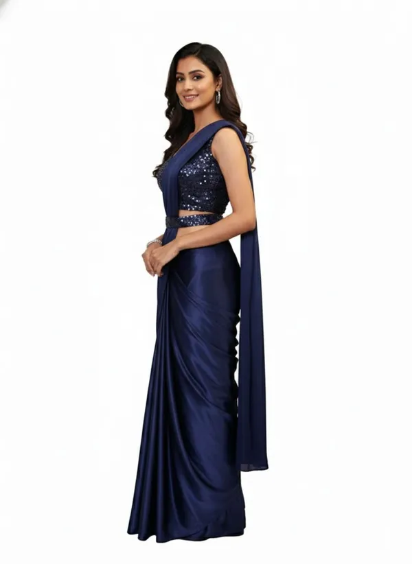Oojal_Embroidered_Embellished_Pre_Draped_Saree_Lycra_Saree_Dark_Blue