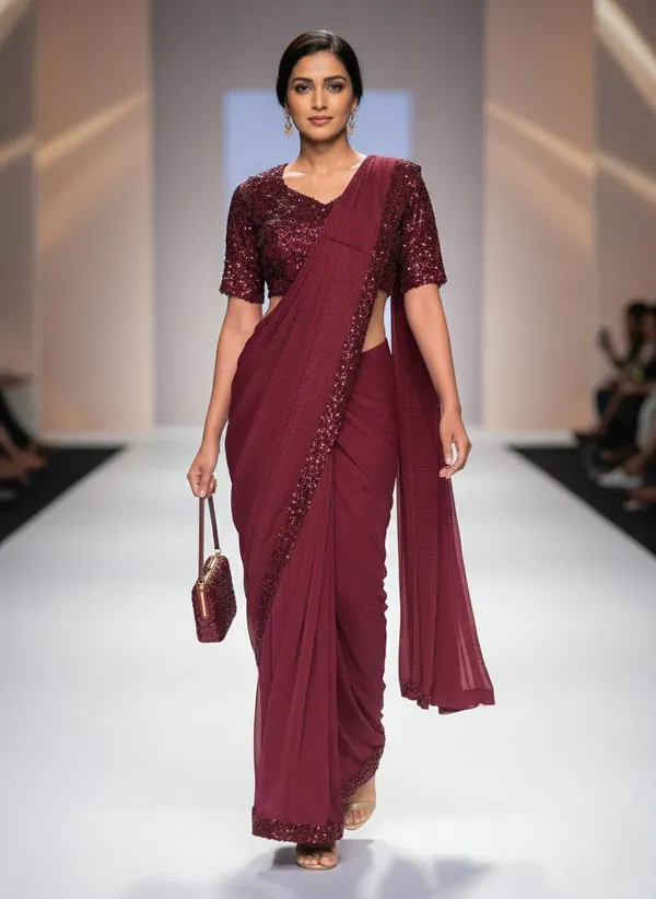 Oojal_Embroidered_Solid_Plain_Pre_Draped_Saree_Lycra_Saree_Maroon
