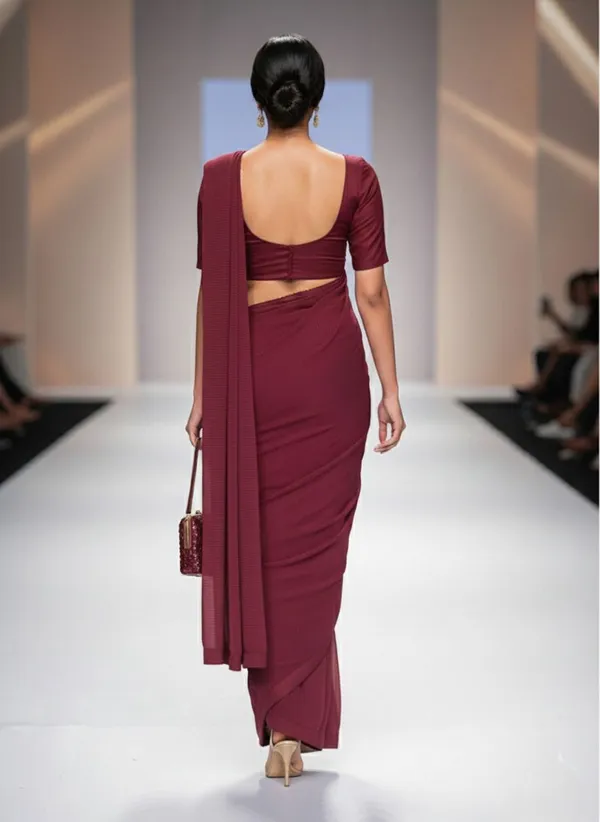 Oojal_Embroidered_Solid_Plain_Pre_Draped_Saree_Lycra_Saree_Maroon