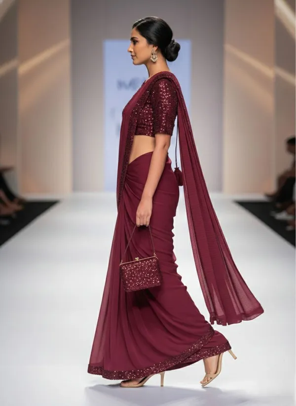 Oojal_Embroidered_Solid_Plain_Pre_Draped_Saree_Lycra_Saree_Maroon