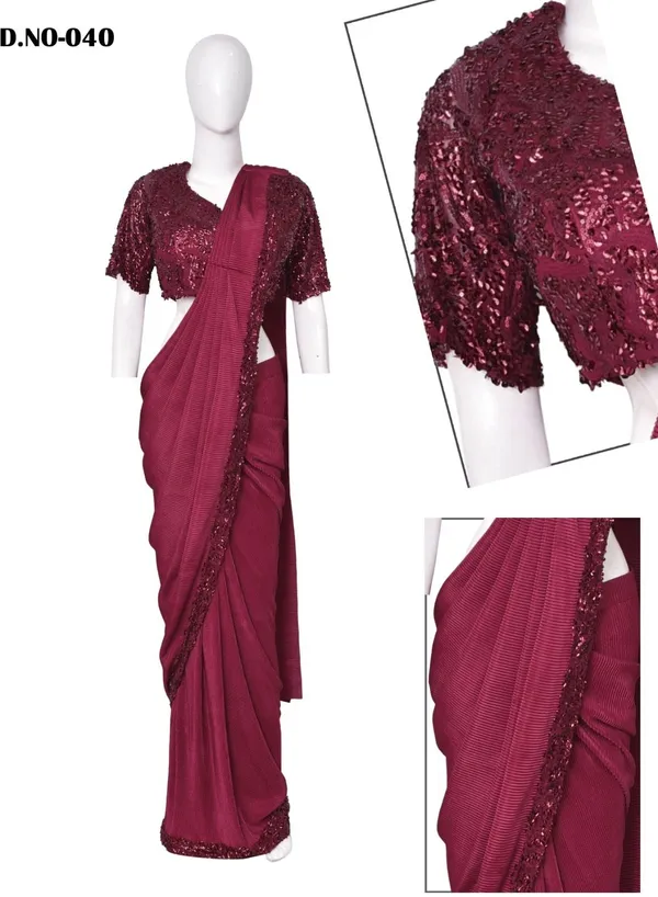 Oojal_Embroidered_Solid_Plain_Pre_Draped_Saree_Lycra_Saree_Maroon