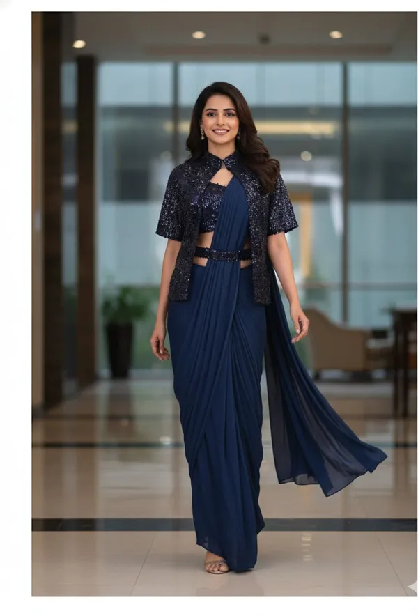 Oojal_Embroidered_Self_Design_Pre_Draped_Saree_Georgette_Saree_Dark_Blue