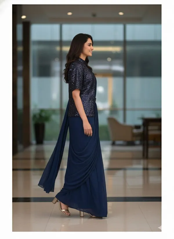 Oojal_Embroidered_Self_Design_Pre_Draped_Saree_Georgette_Saree_Dark_Blue