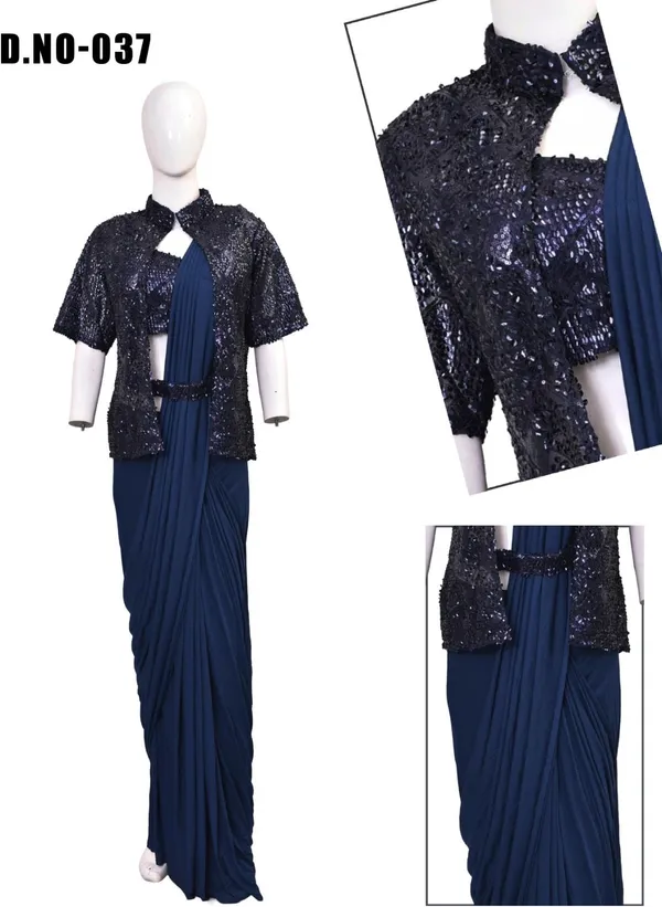 Oojal_Embroidered_Self_Design_Pre_Draped_Saree_Georgette_Saree_Dark_Blue