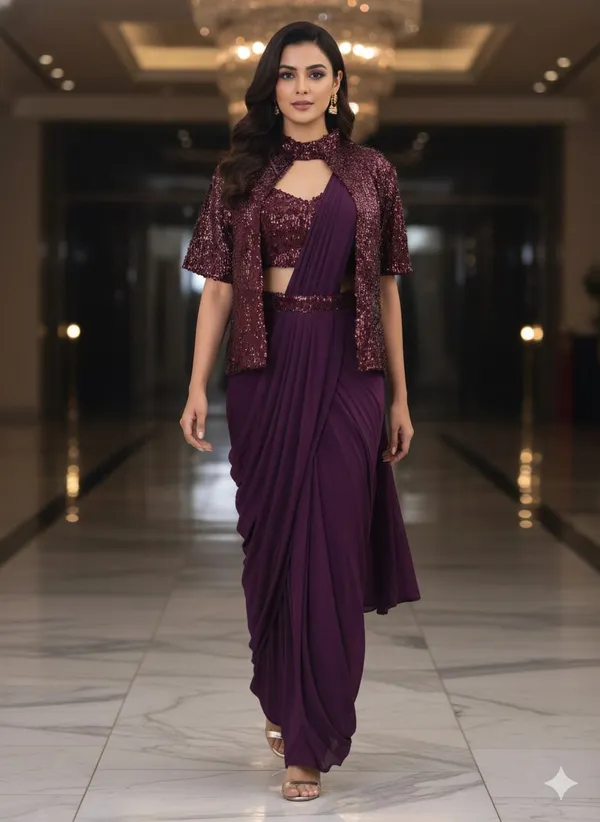 Oojal_Embroidered_Pre_Draped_Saree_Georgette_Saree_Purple