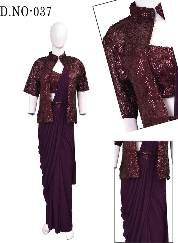 Oojal_Embroidered_Pre_Draped_Saree_Georgette_Saree_Purple