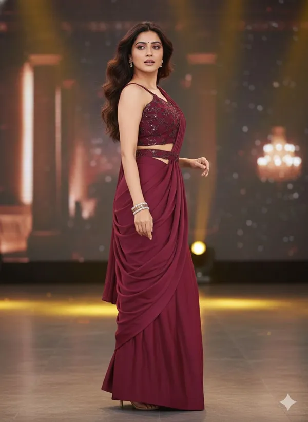 Oojal_Embroidered_Solid_Plain_Pre_Draped_Saree_Lycra_Saree_Maroon