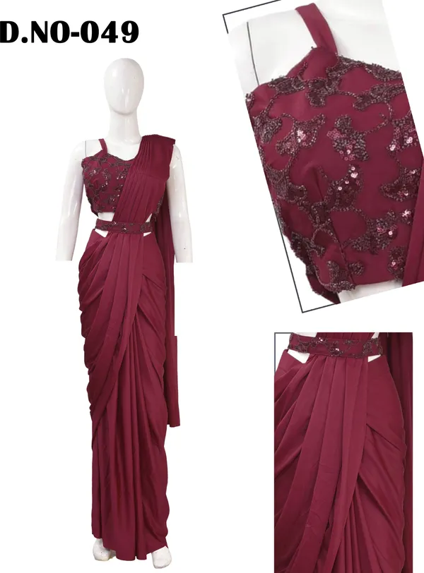 Oojal_Embroidered_Solid_Plain_Pre_Draped_Saree_Lycra_Saree_Maroon