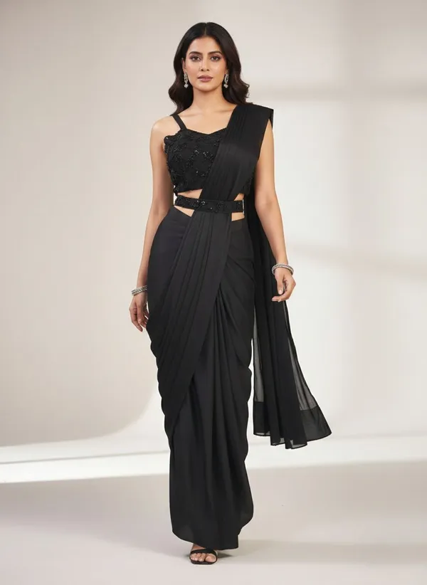 Oojal_Embroidered_Solid_Plain_Pre_Draped_Saree_Lycra_Saree_Black