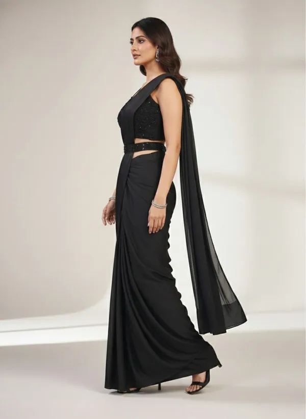 Oojal_Embroidered_Solid_Plain_Pre_Draped_Saree_Lycra_Saree_Black