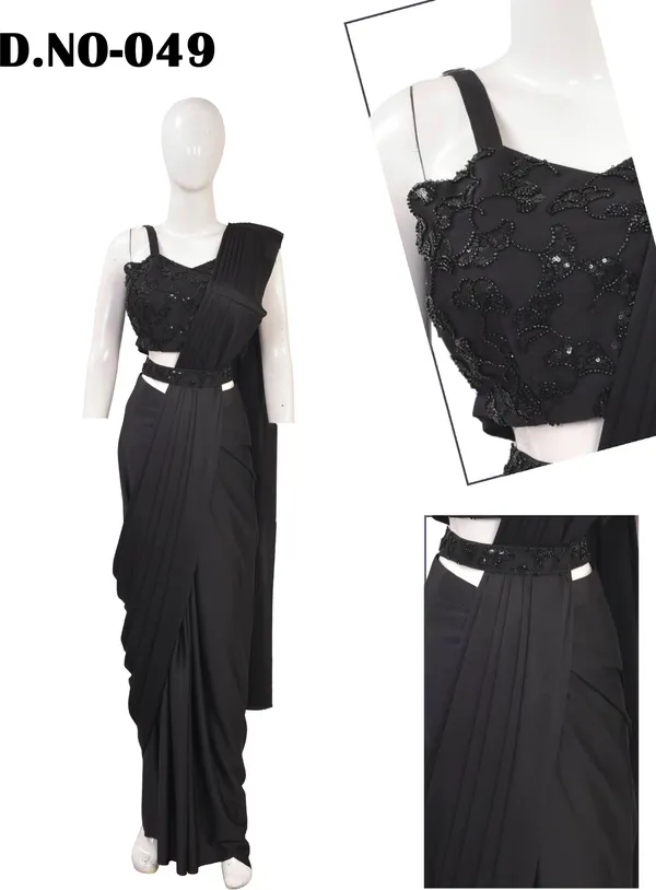 Oojal_Embroidered_Solid_Plain_Pre_Draped_Saree_Lycra_Saree_Black