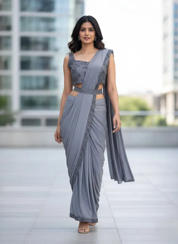 Oojal_Embroidered_Pre_Draped_Saree_Lycra_Saree_Grey