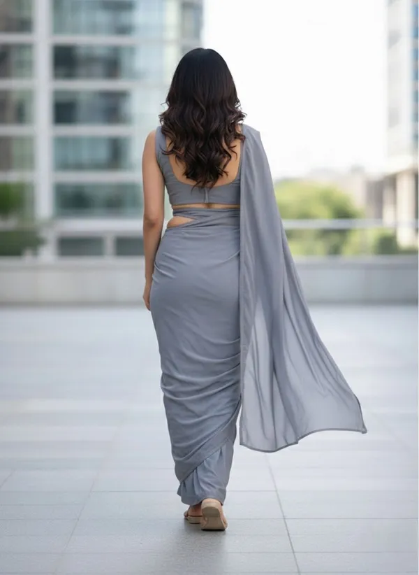 Oojal_Embroidered_Pre_Draped_Saree_Lycra_Saree_Grey