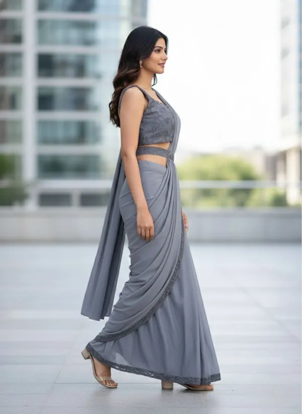 Oojal_Embroidered_Pre_Draped_Saree_Lycra_Saree_Grey