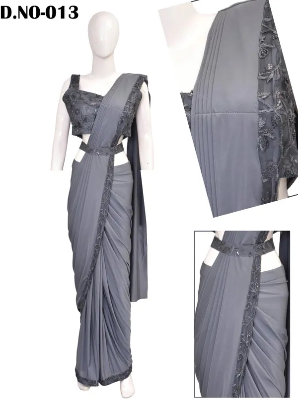 Oojal_Embroidered_Pre_Draped_Saree_Lycra_Saree_Grey