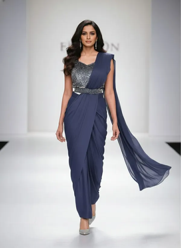 Oojal_Embroidered_Solid_Plain_Pre_Draped_Saree_Lycra_Saree_Dark_Blue