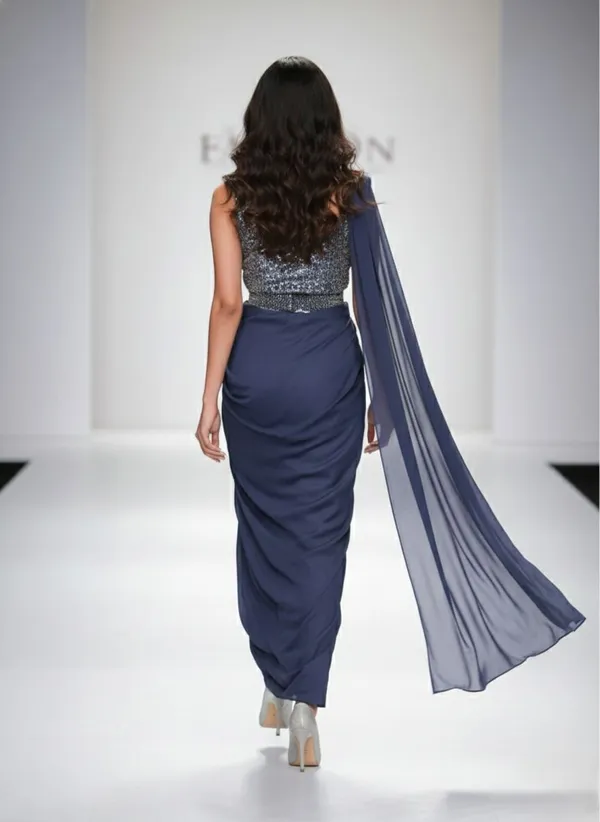 Oojal_Embroidered_Solid_Plain_Pre_Draped_Saree_Lycra_Saree_Dark_Blue