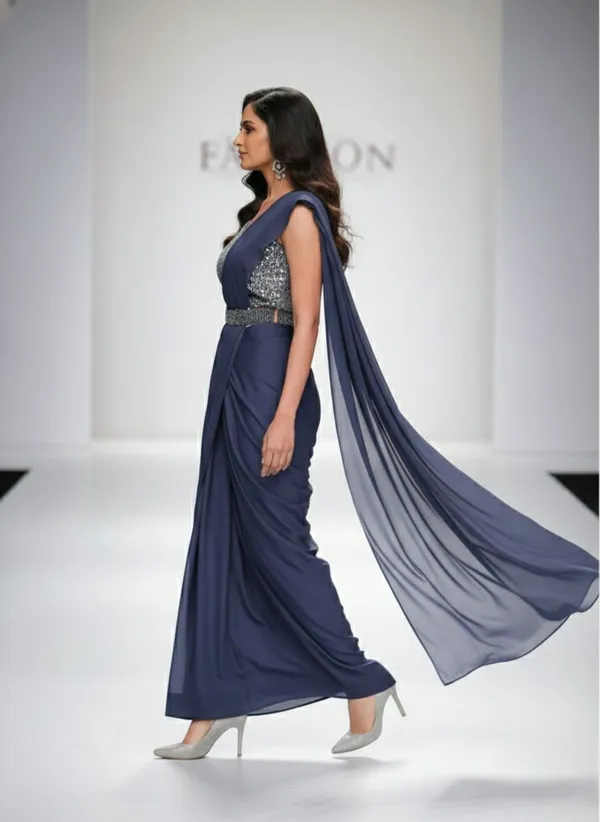 Oojal_Embroidered_Solid_Plain_Pre_Draped_Saree_Lycra_Saree_Dark_Blue