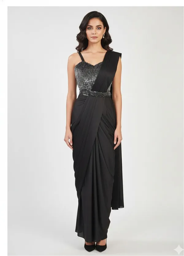 Oojal_Embroidered_Solid_Plain_Pre_Draped_Saree_Lycra_Saree_Black